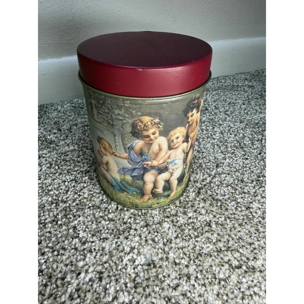 90s Vintage Cherub Angel Decorative Metal Tin Canister w Lid Victorian Style